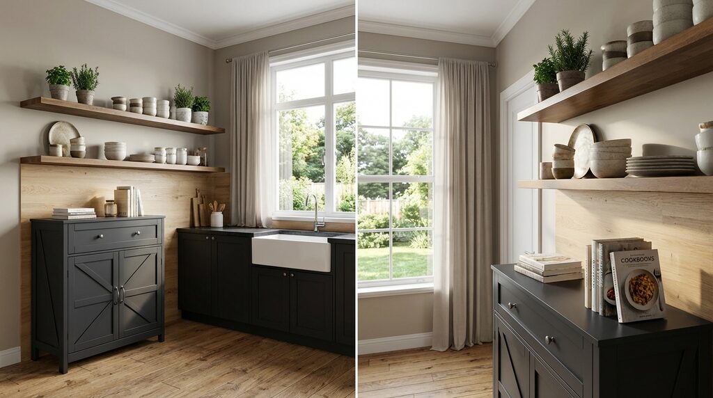 Black Kitchen with Wood Slab Backsplash