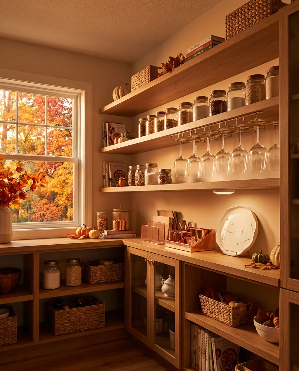 Glass-Front Cabinets and Shelves in a Modern Classic Pantry