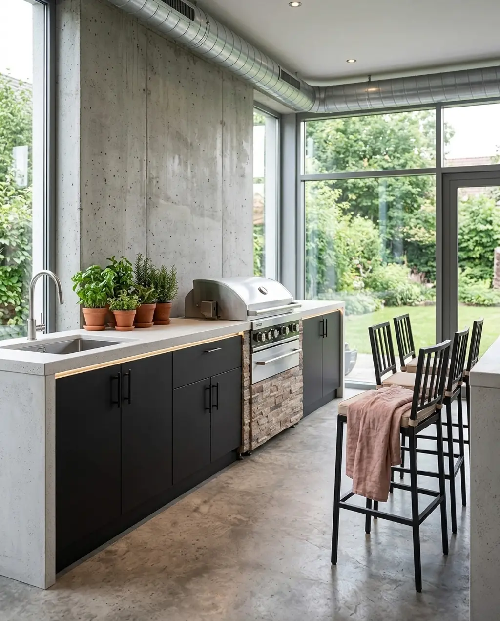 Black Outdoor Kitchen with Concrete Countertops and Grill Station — Luxury Version