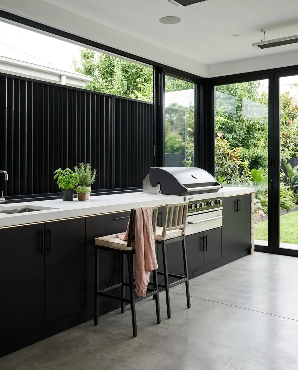 Black Outdoor Kitchen with Concrete Countertops and Grill Station — Budget Version