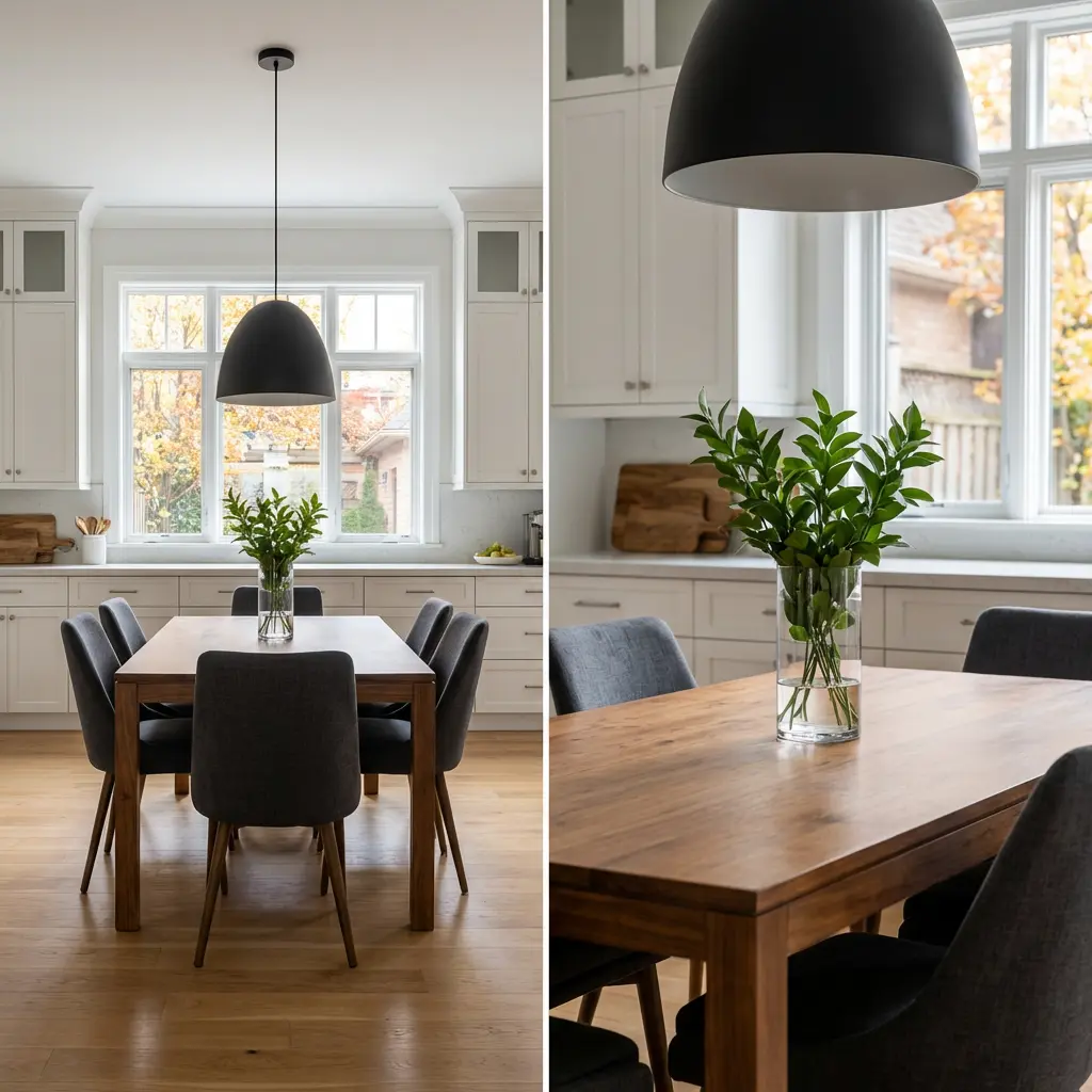 Modern Rustic Kitchen Table with Statement Chairs and Simple Greenery