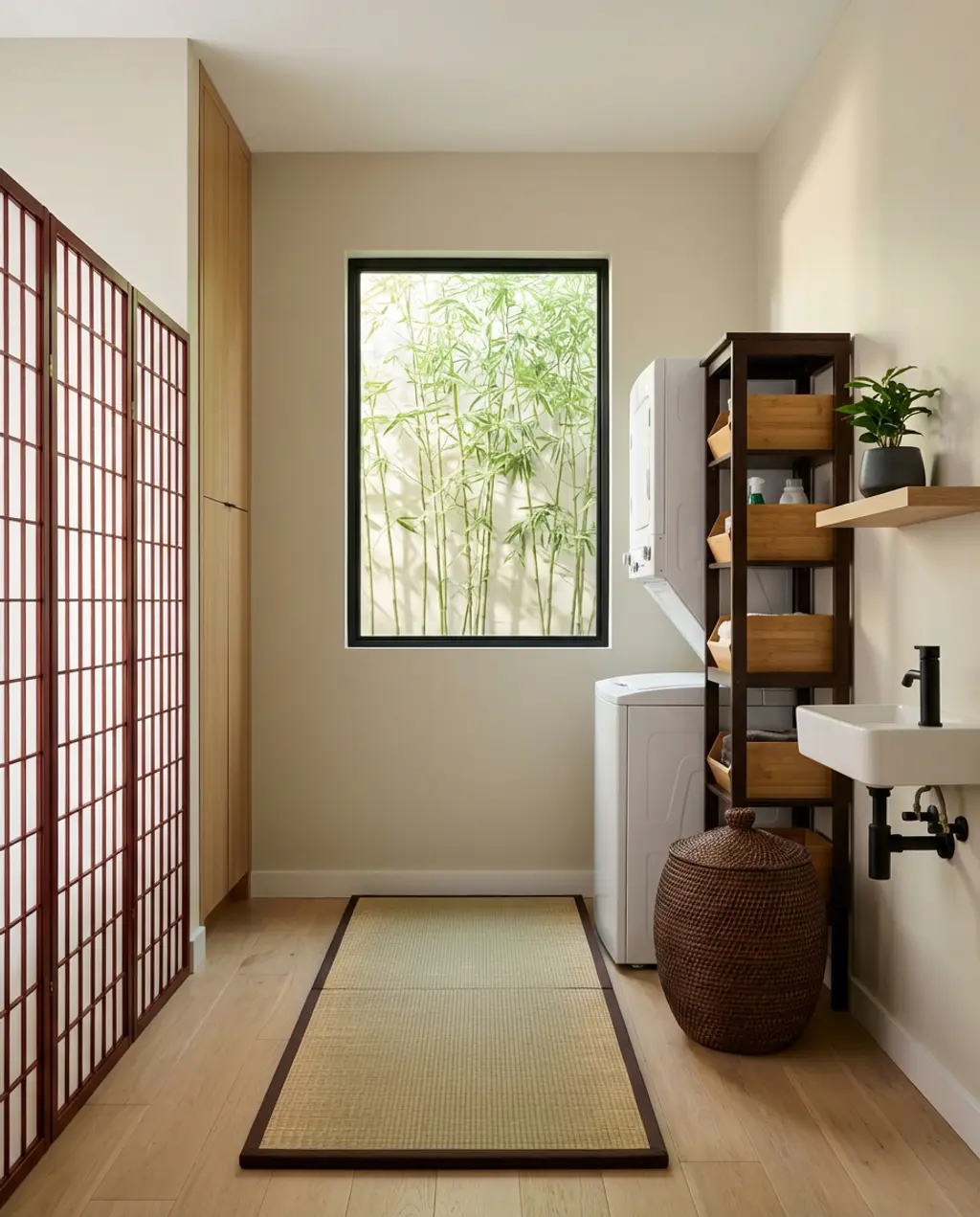 Japanese-Inspired Micro Laundry with Shoji Screen — Luxury Version