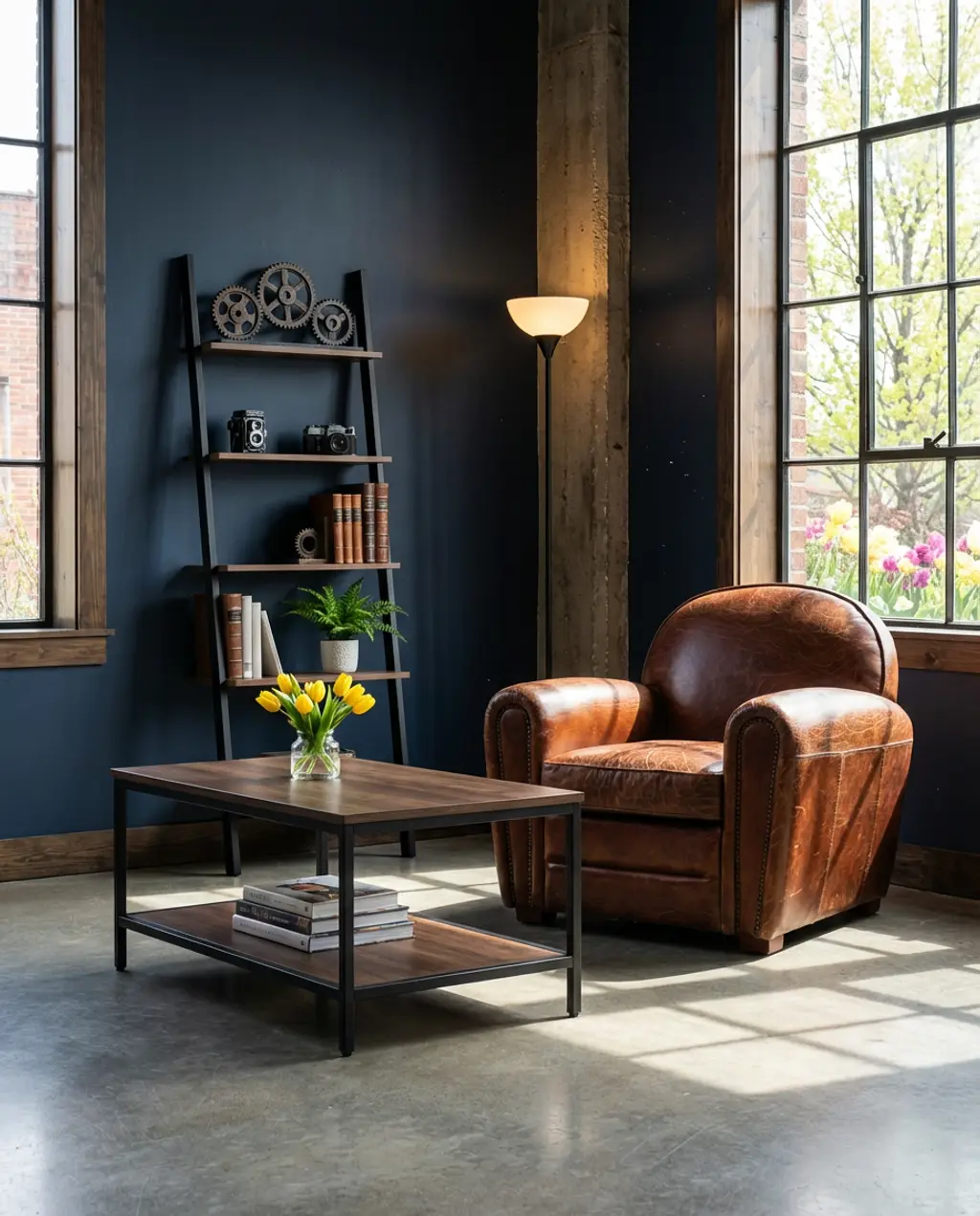 Bold Teal & Dark Wood Masculine Living Room