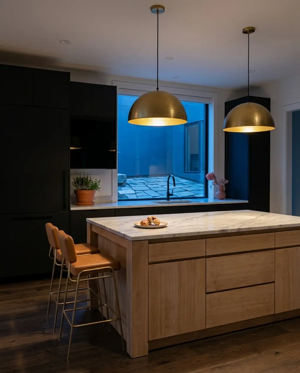 Sophisticated Black Kitchen with Wood Tones and Brass
