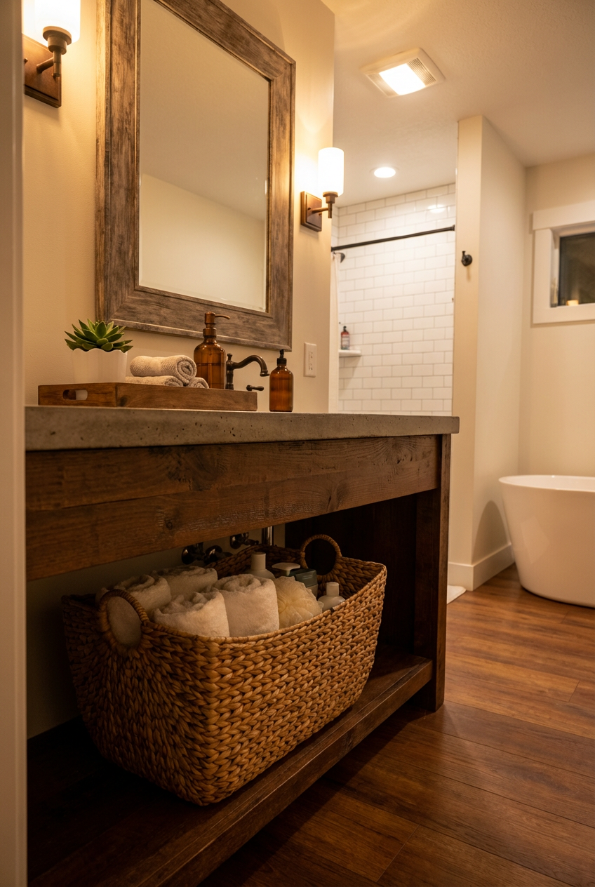 Rustic Vanity with Woven Baskets and Wood Trays