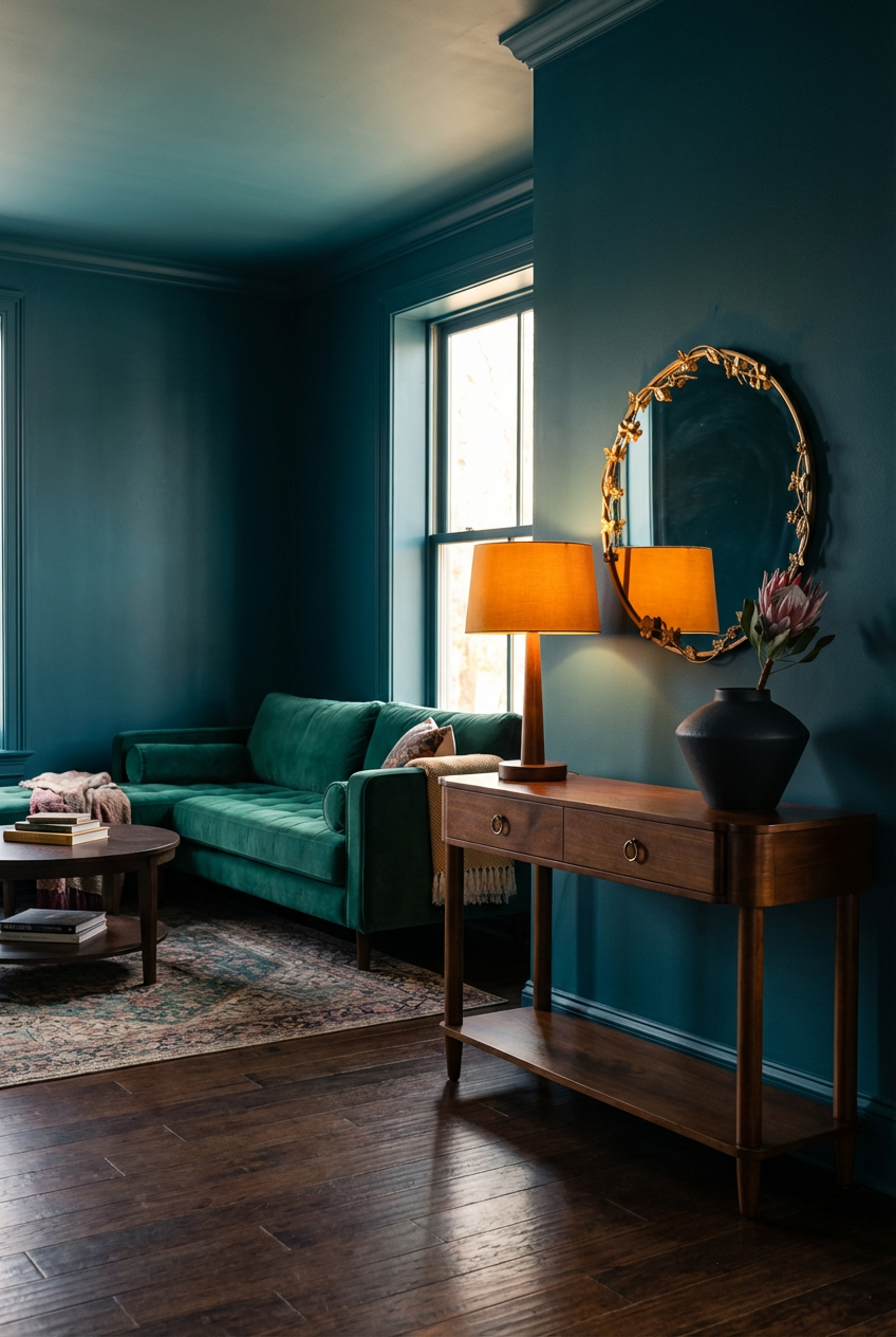 Dramatic Dark Painted Walls with Ornate Mirror