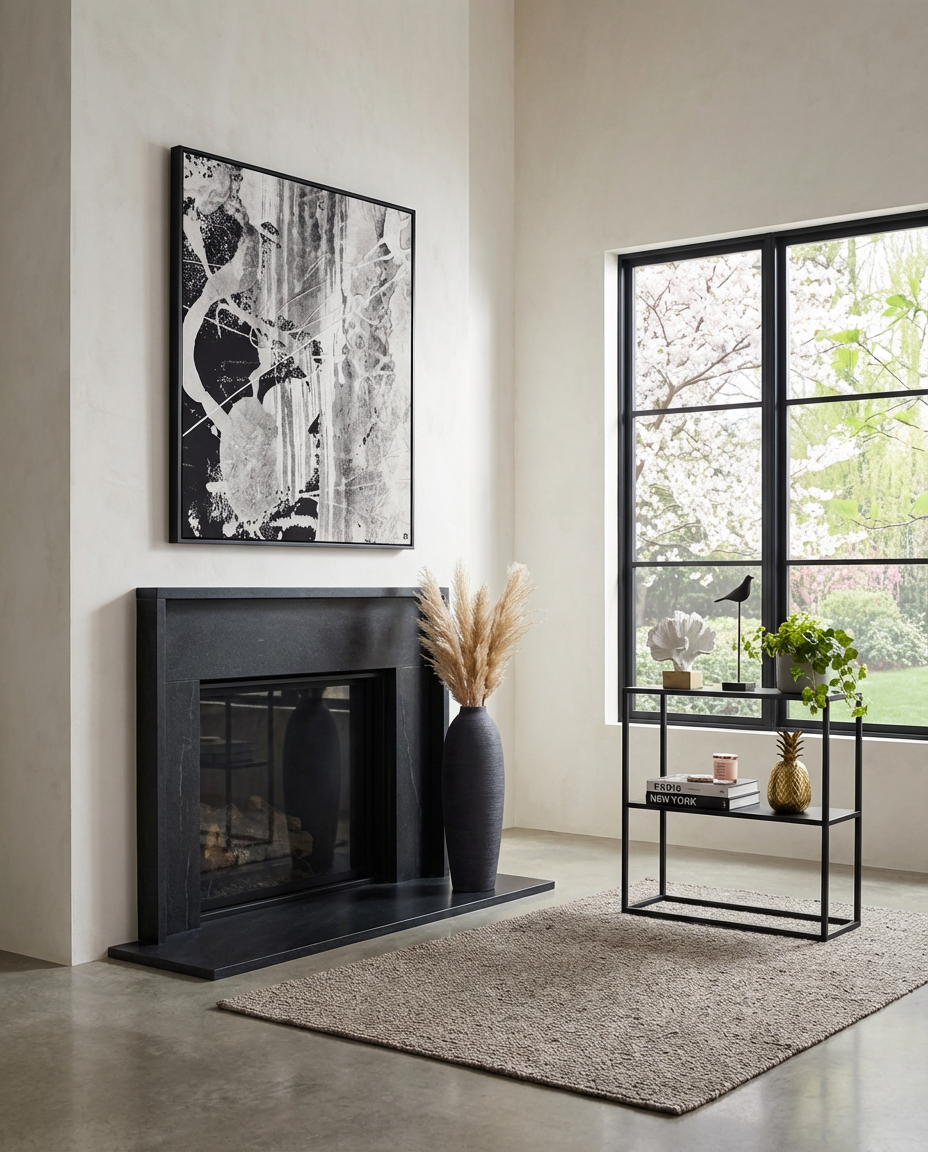 Sleek Black Stone Fireplace with Minimalist Art — Luxury Version