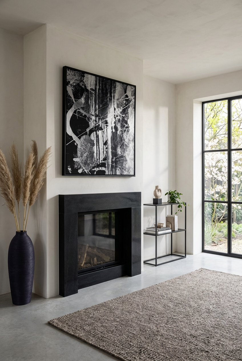 Sleek Black Stone Fireplace with Minimalist Art — Budget Version