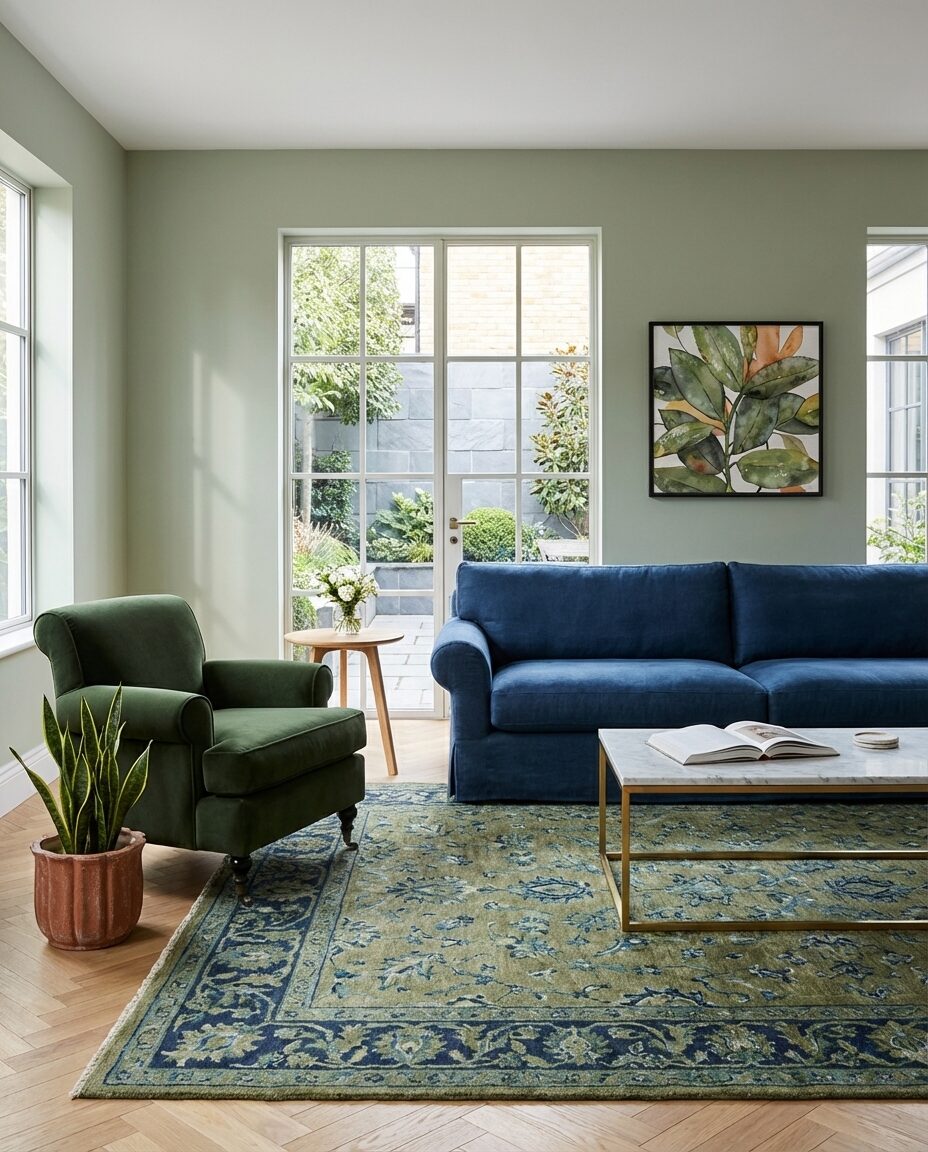 Green and Blue Living Room with Botanical Artwork — Luxury Version