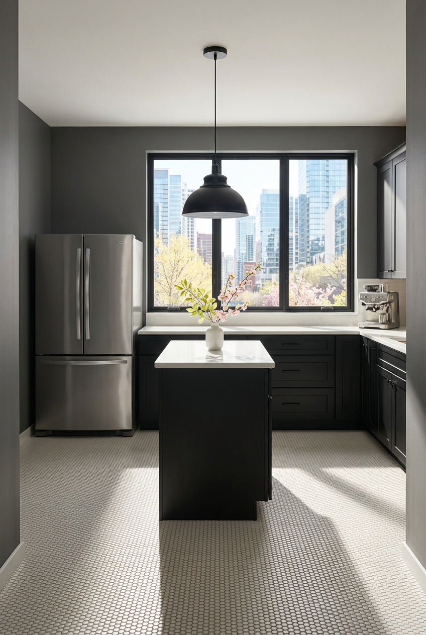 Black Kitchen with White Penny Tile Floor — Budget Version