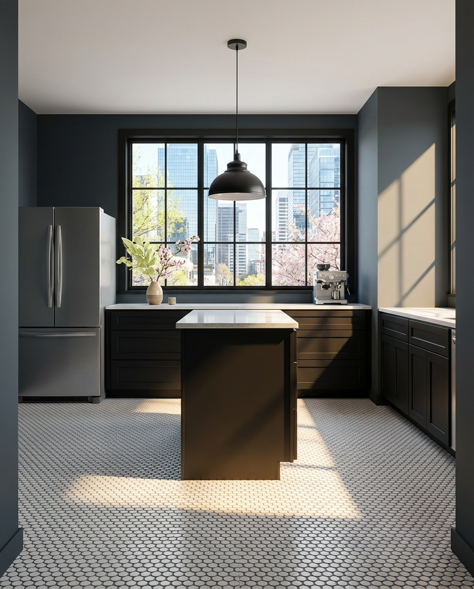 Black Kitchen with White Penny Tile Floor — Luxury Version