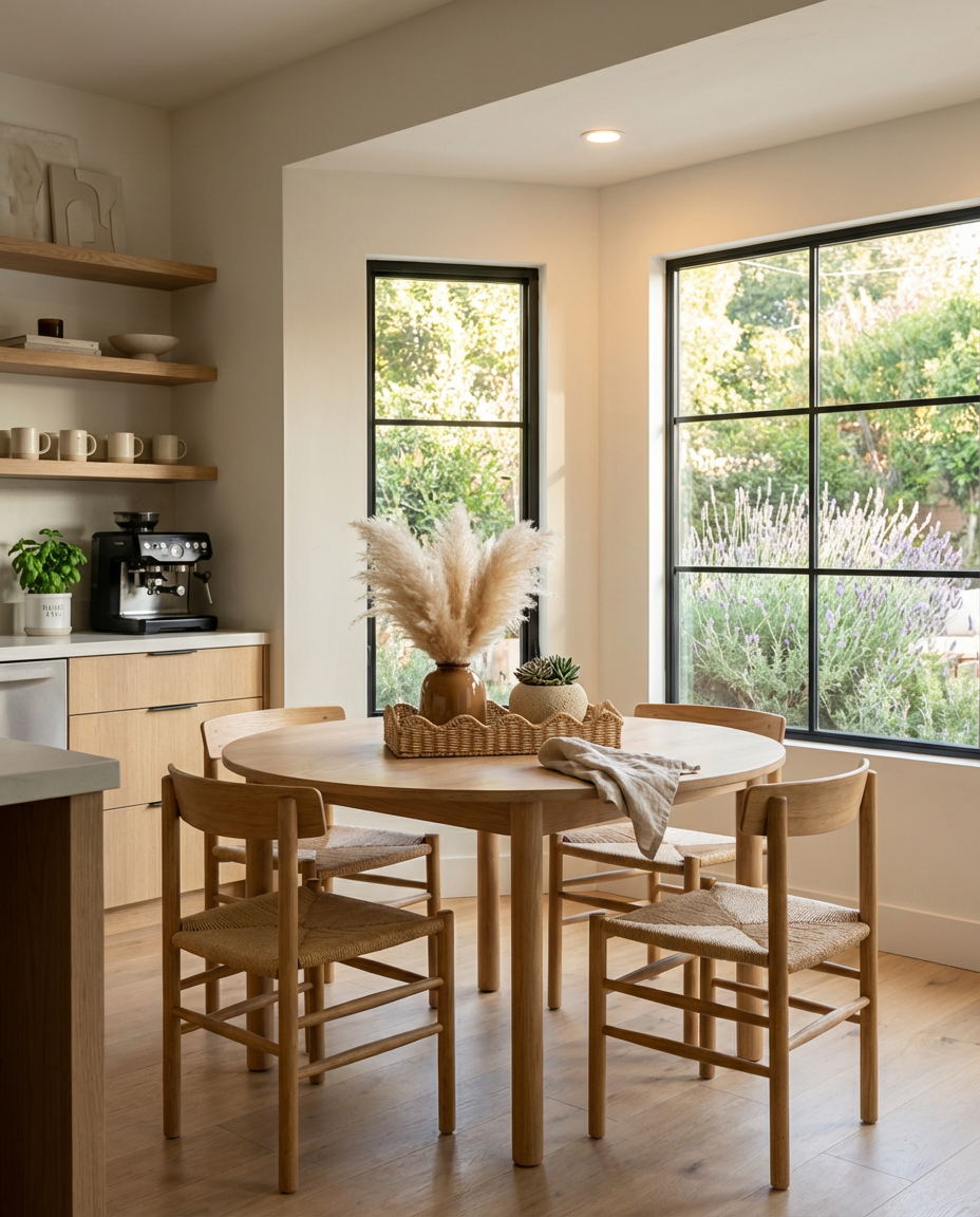 Round Kitchen Table with Scandi-Boho Centerpiece and Neutral Palette — Budget Version
