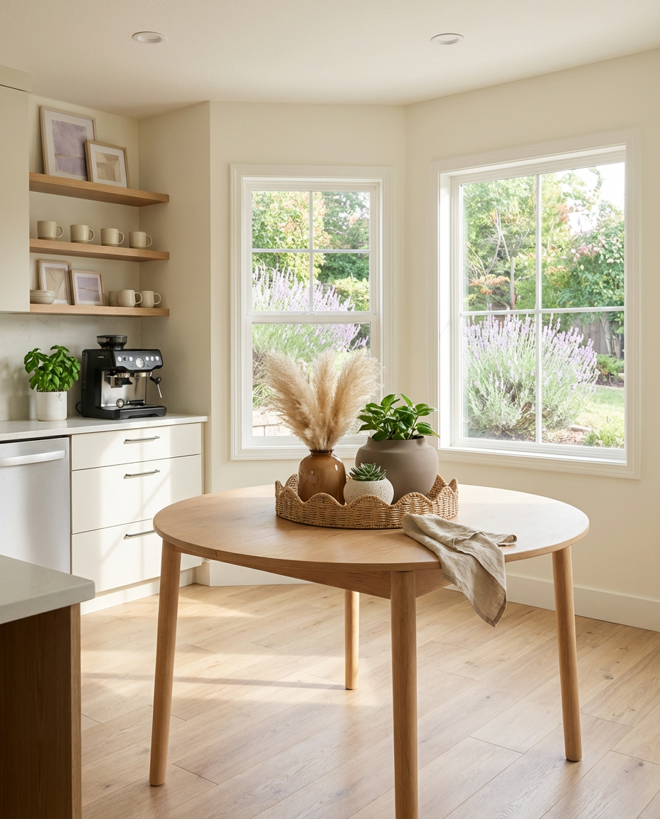 Round Kitchen Table with Scandi-Boho Centerpiece and Neutral Palette — Luxury Version