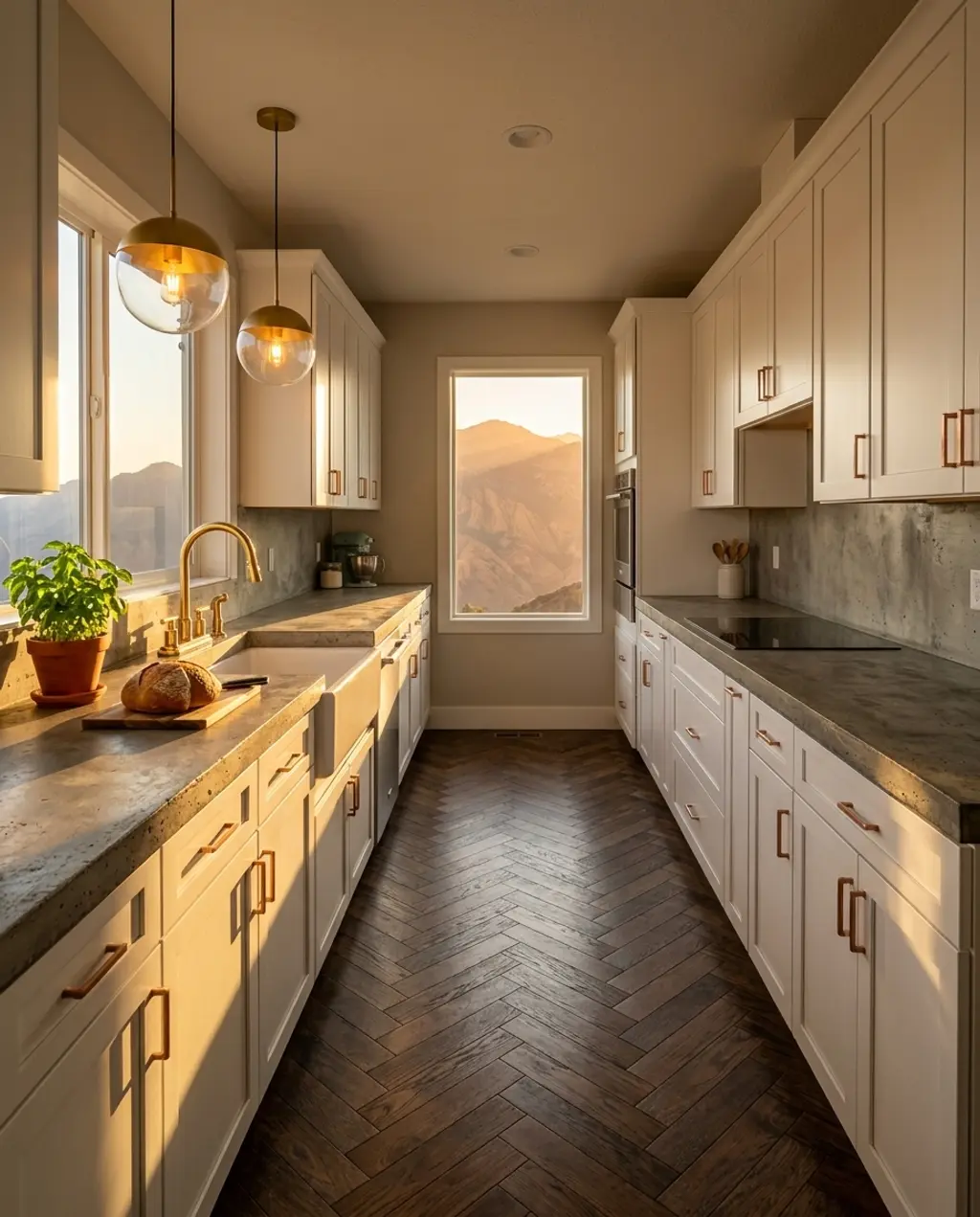 Classic Galley Kitchen with Herringbone Wood Floor