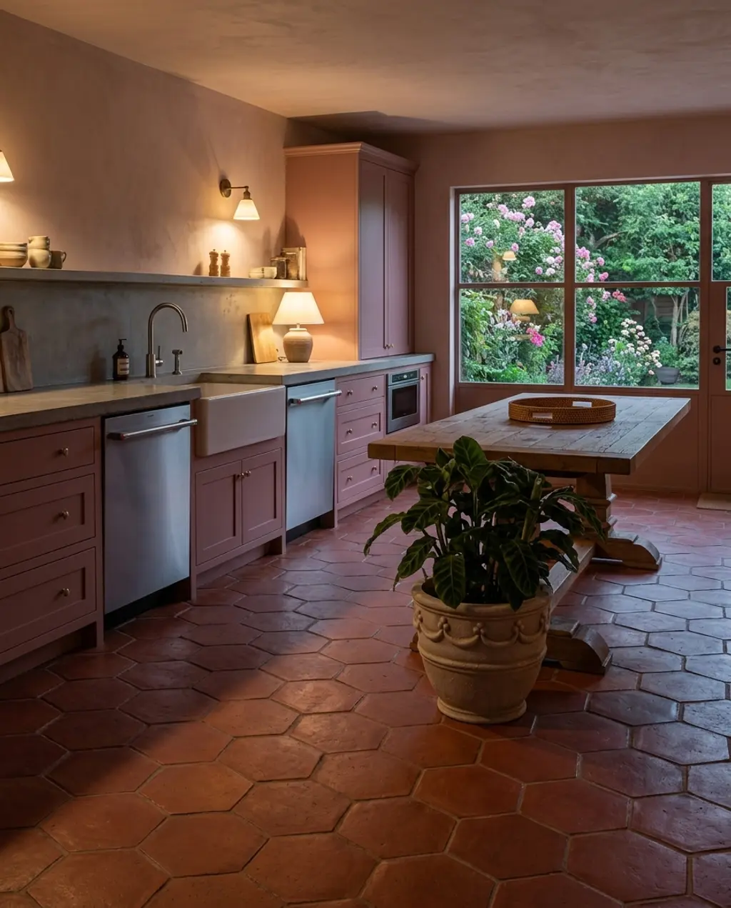 Warm Terracotta Hexagon Tile Kitchen Floor