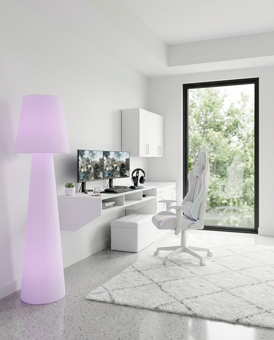 Streamlined White Gaming Room with Hidden Storage — Luxury Version