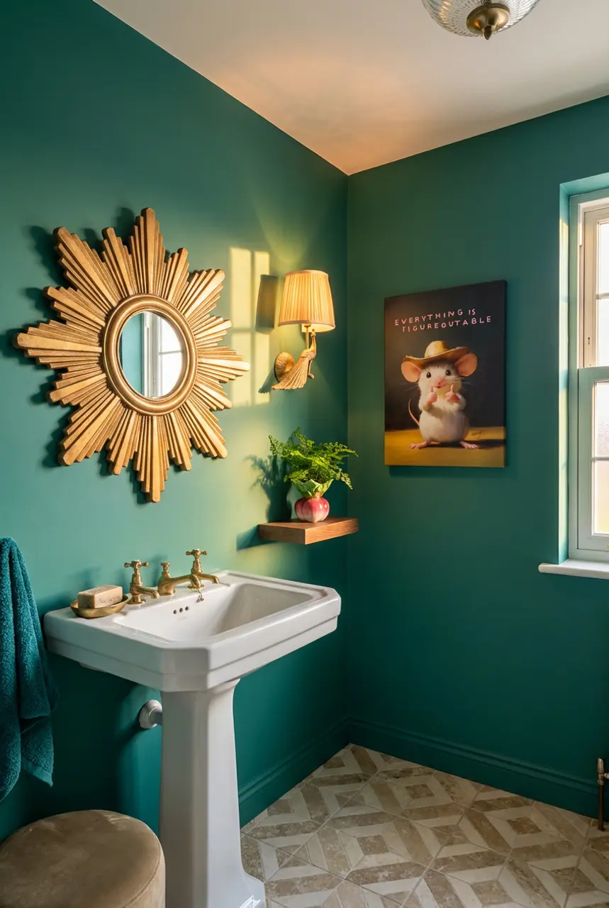 Vibrant Teal Green for an Eclectic Powder Room