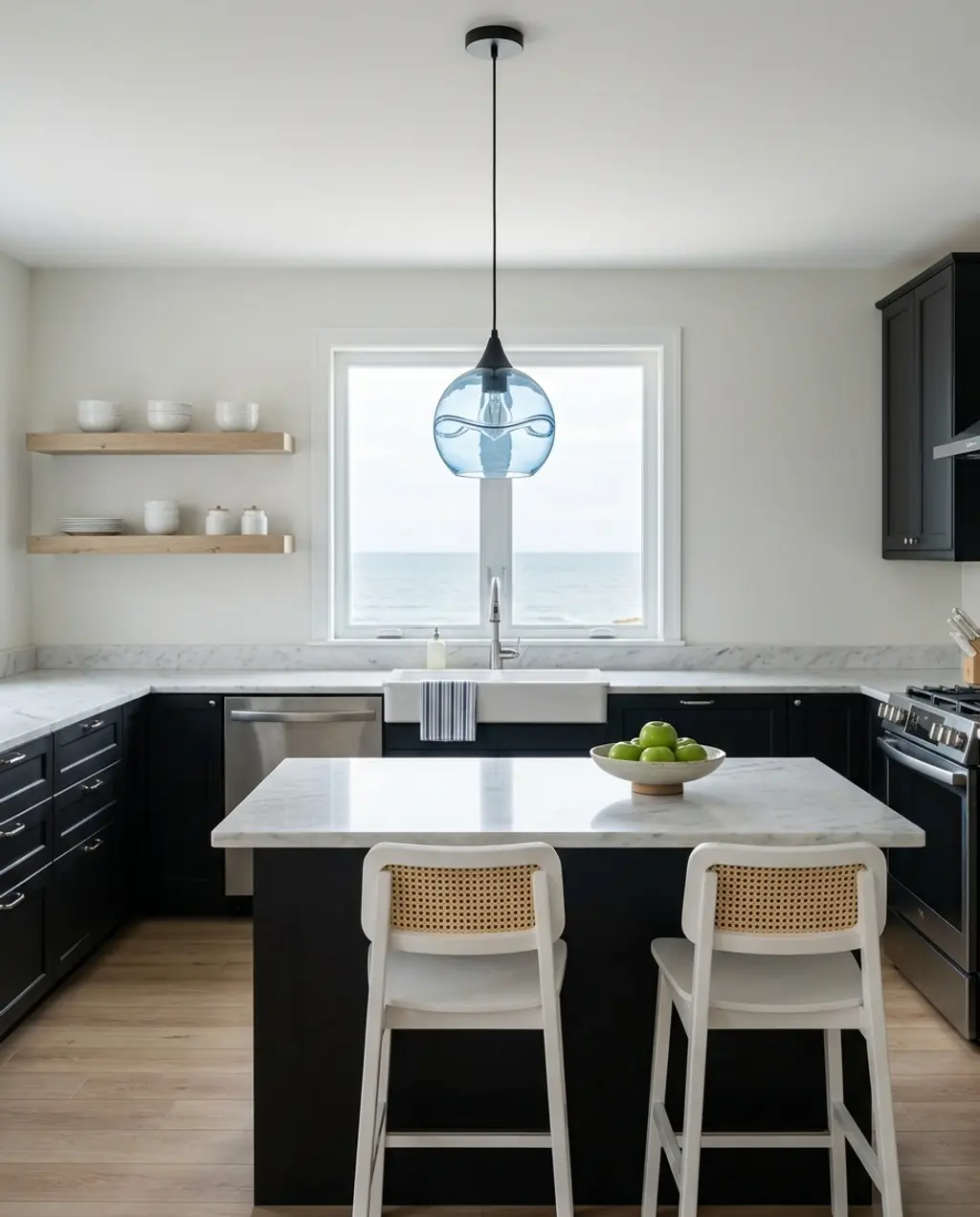 Coastal Black Kitchen with Light Wood and Blue Accents