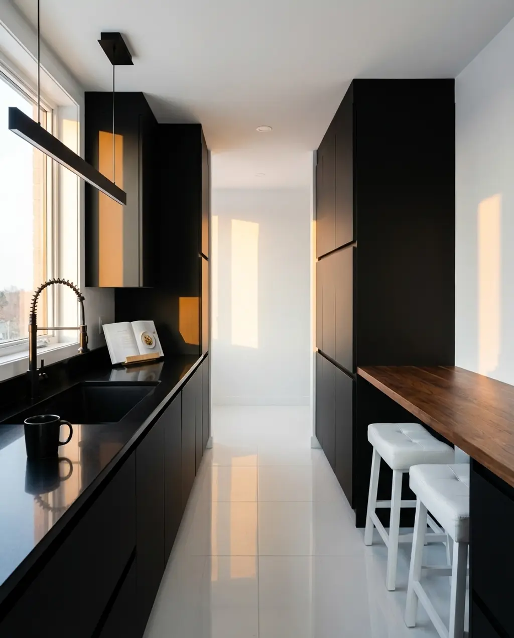 Sleek Black and White Galley Kitchen