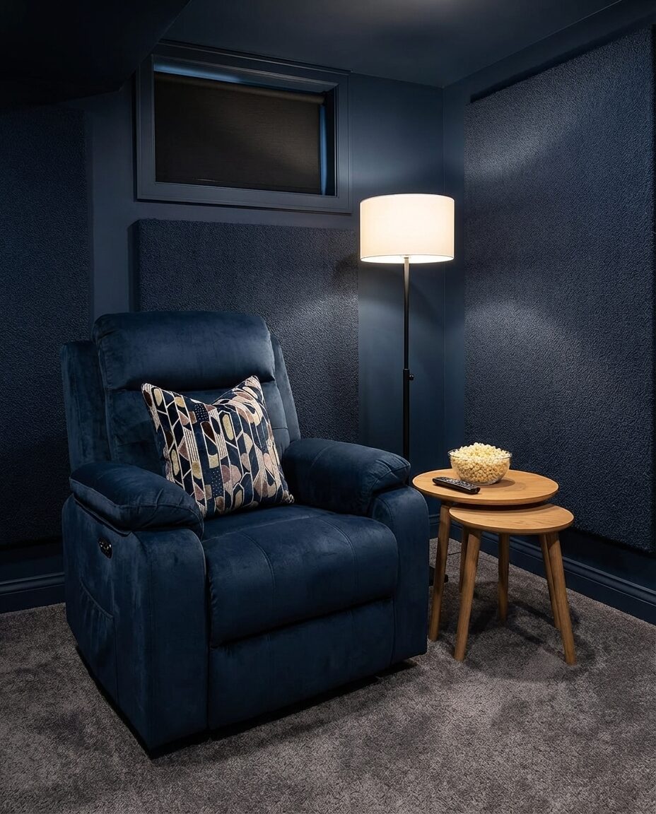 Transitional Basement Home Theater with Plush Seating