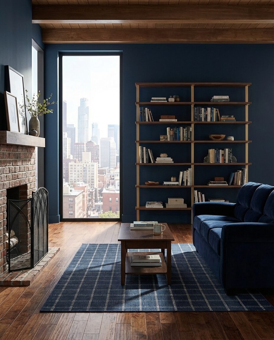 Cozy Dark Blue Living Room with Fireplace and Books