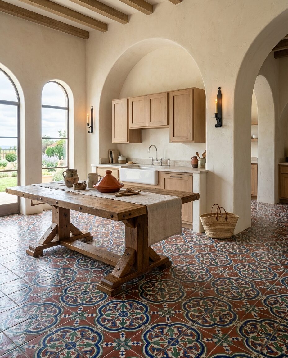 Mediterranean Kitchen with Patterned Floor Tile