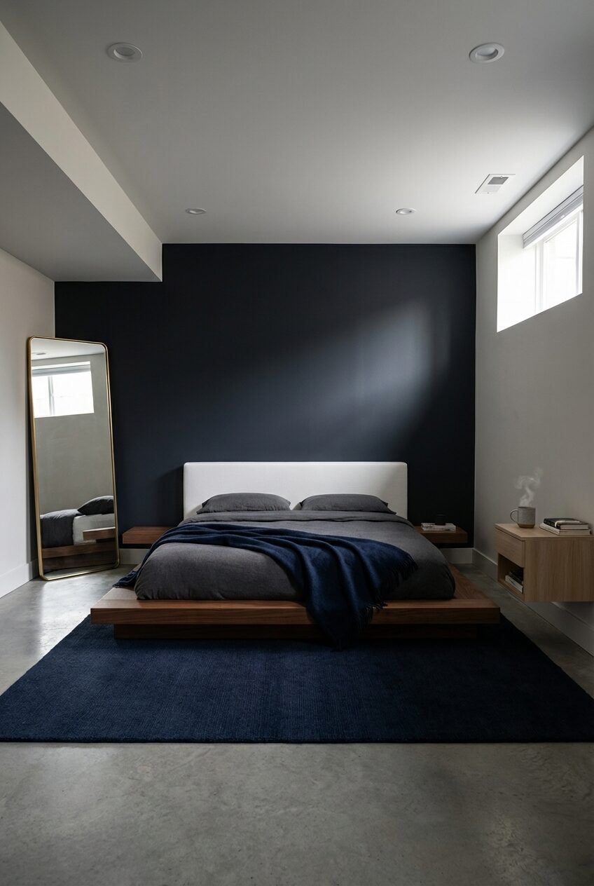 Low Ceiling Basement Bedroom with Recessed Lighting & Platform Bed