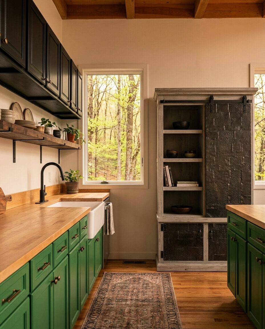 Black Kitchen with Green Lower Cabinets