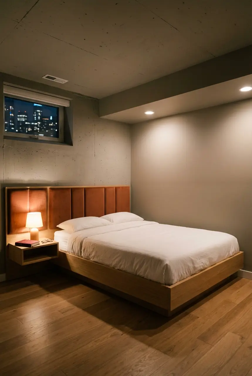 Low Ceiling Basement Guest Bedroom with Wall-Mounted Headboard