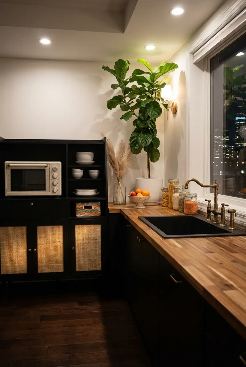 Black Kitchen with Green Plants and Natural Textures