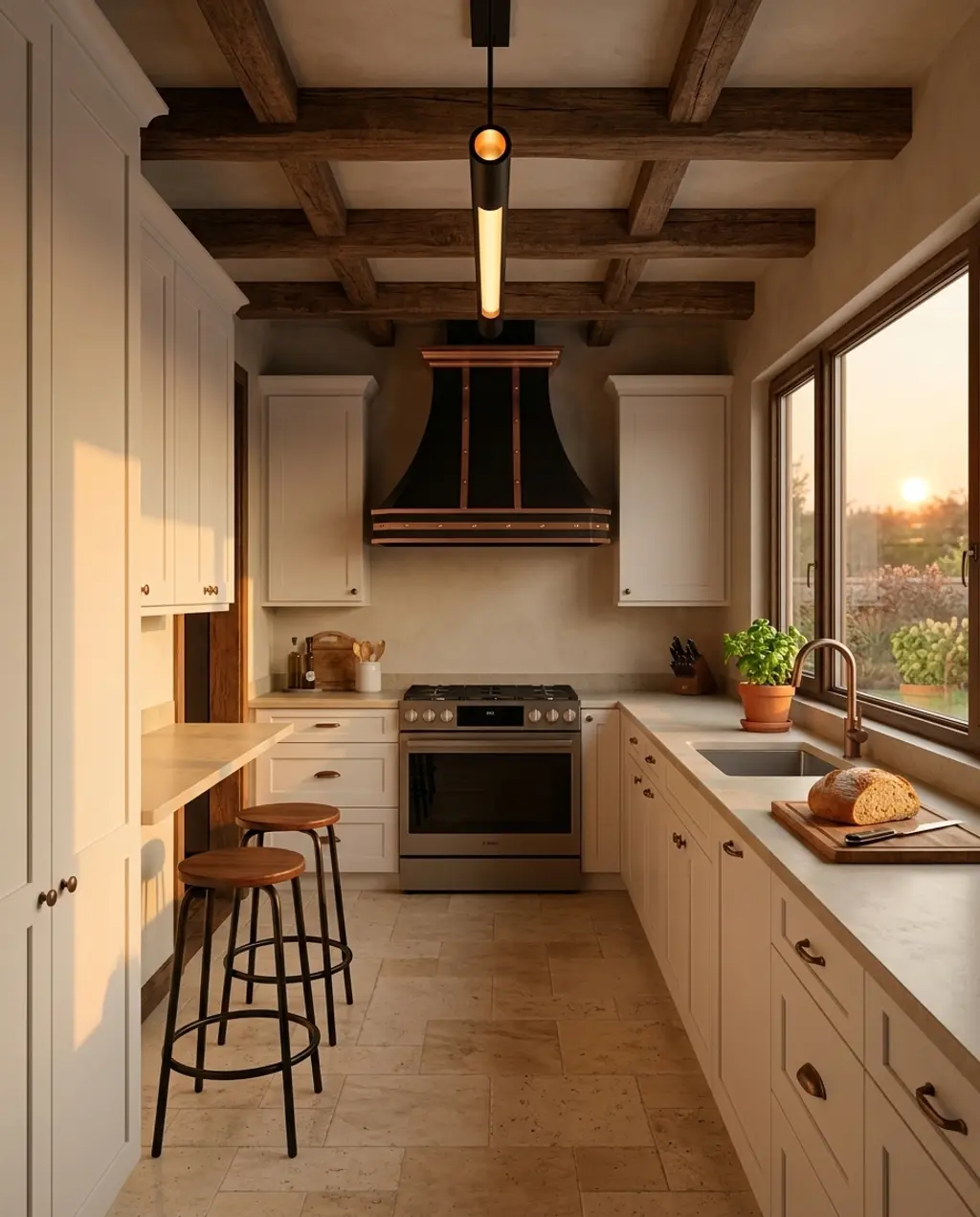 Galley Kitchen with Rustic Wood Beams and Modern Appliances