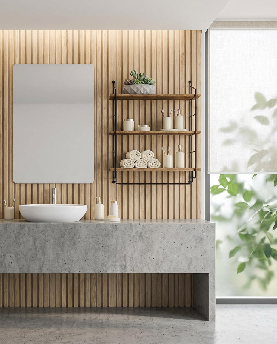 Integrated Shelving & Countertop Storage for Modern Baths