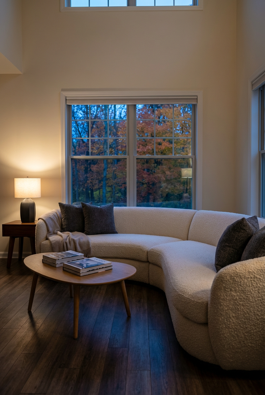 Cozy Neutral Living Room with White Walls and Dark Accents