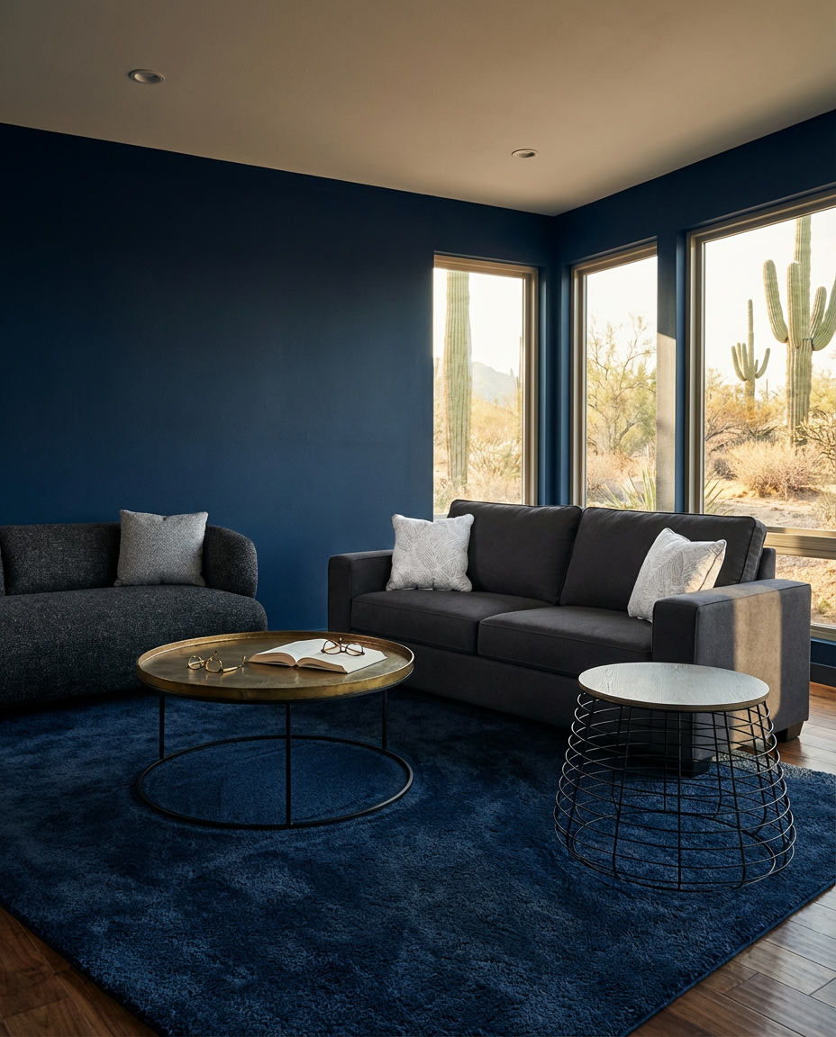 Moody Dark Blue Living Room with Velvet Textures — Luxury Version