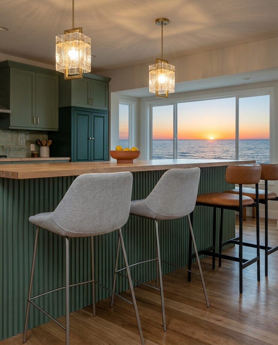 Modern Green Kitchen with Fluted Panel Island