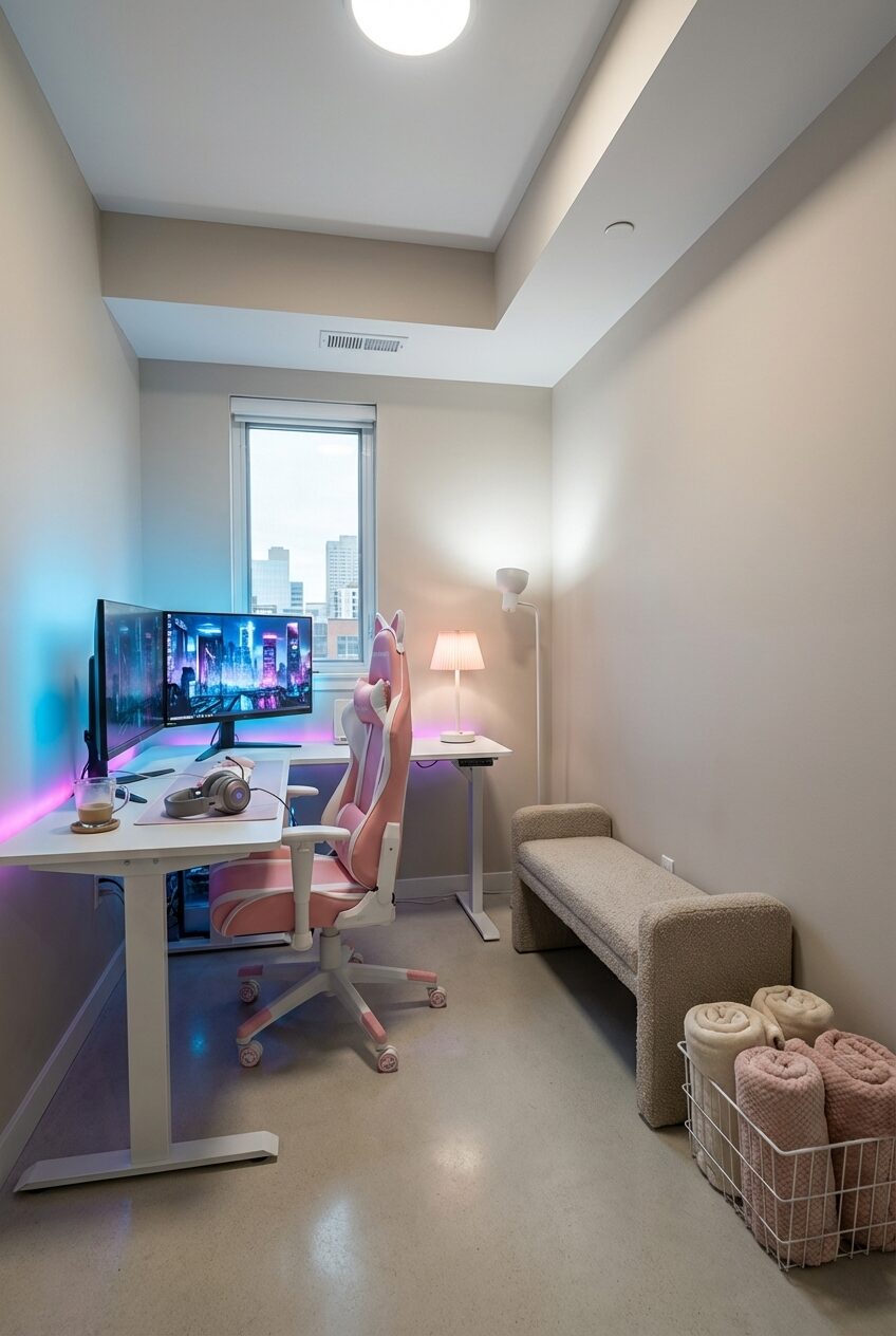 Futuristic Pink and White Gaming Setup for a Modern Bedroom