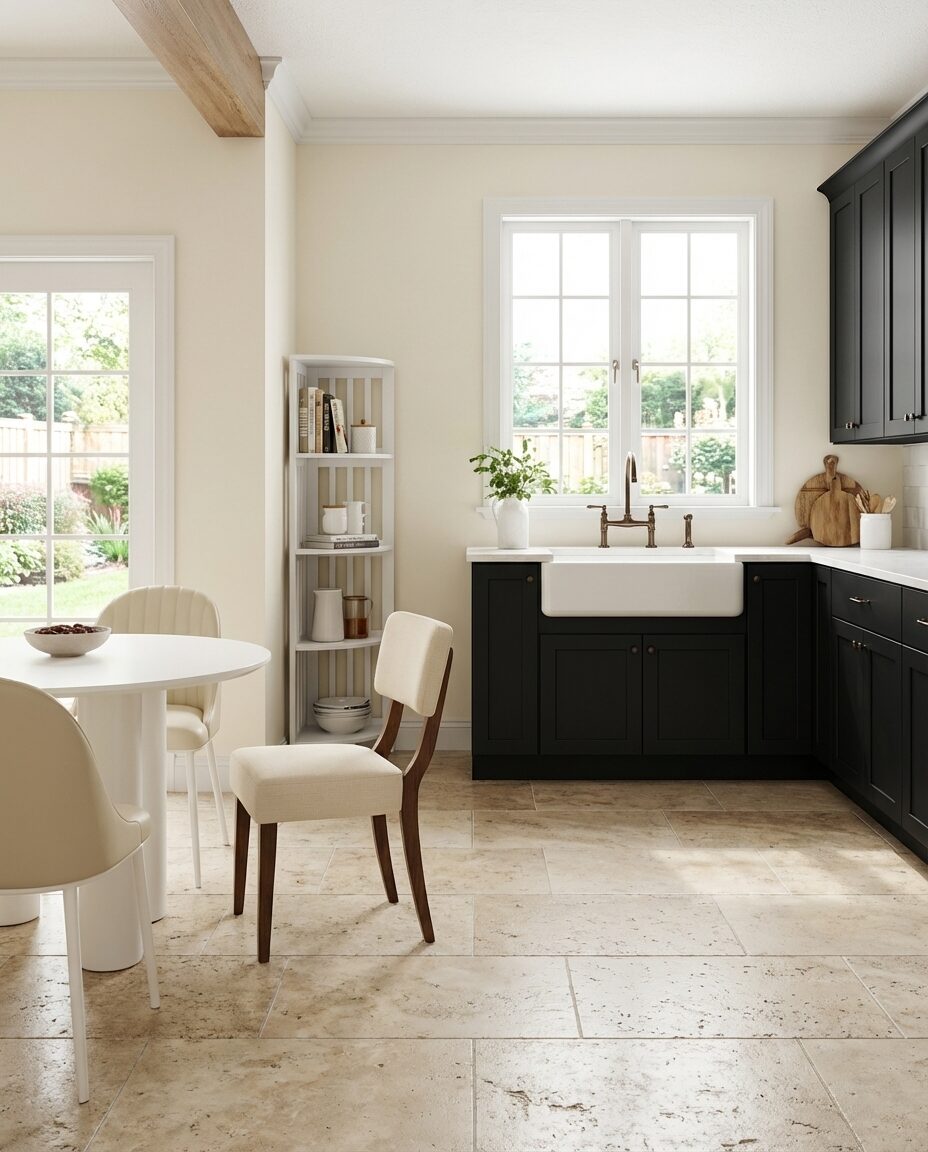 Cozy Black Kitchen with Cream Accents