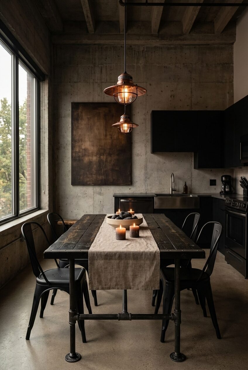 Industrial Chic Kitchen Table with Metal Chairs and Edison Bulb Lighting