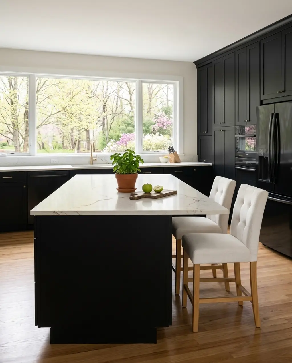 Transitional Black Kitchen with Cream Countertops and Warm Wood Floors