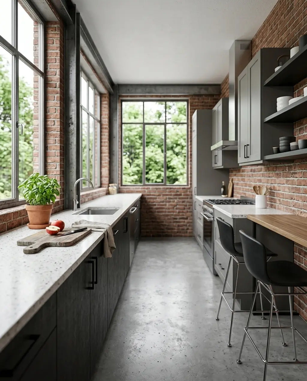 Industrial Galley Kitchen with Exposed Brick — Luxury Version