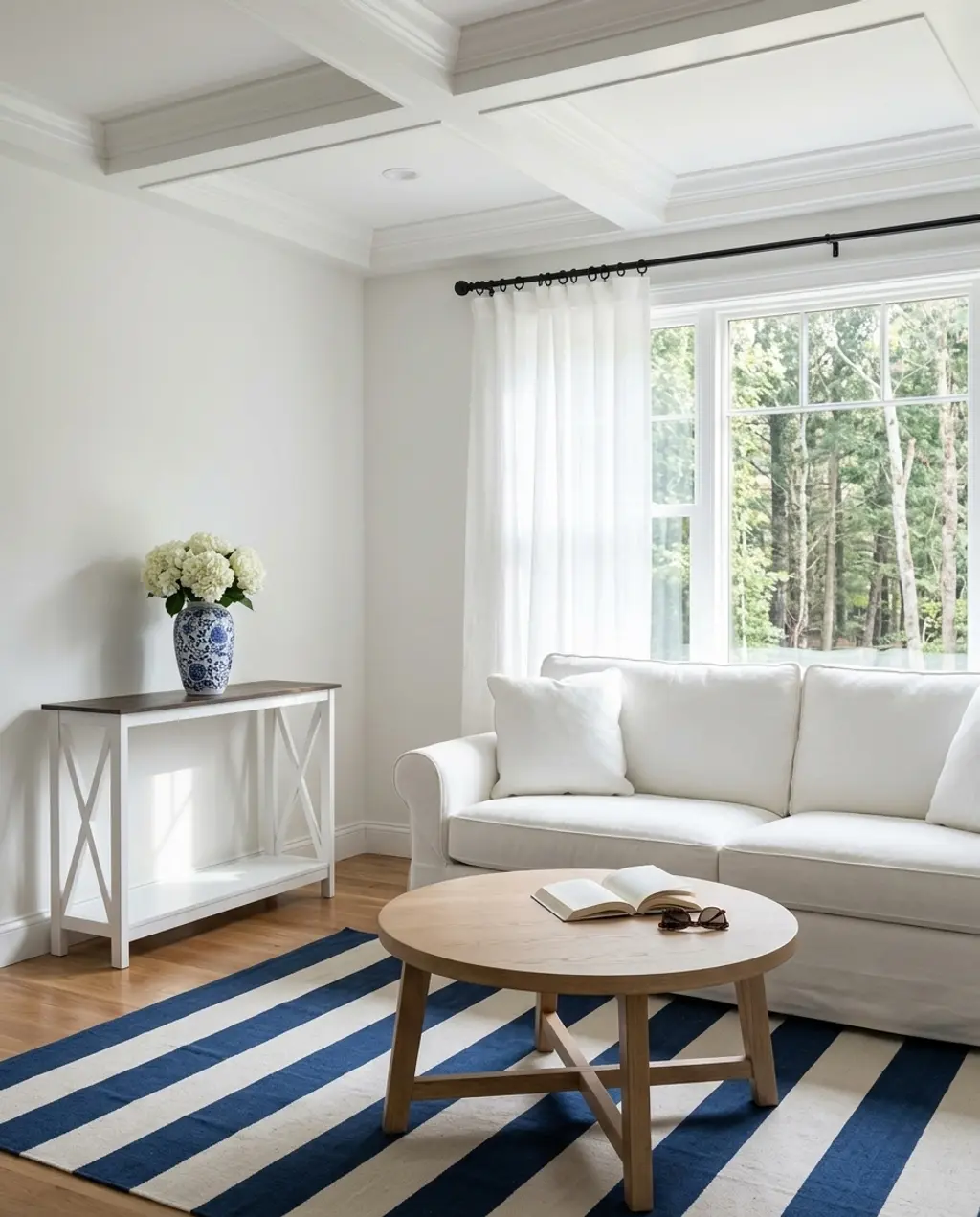 Coastal Blue & White Living Room with Nautical Accents
