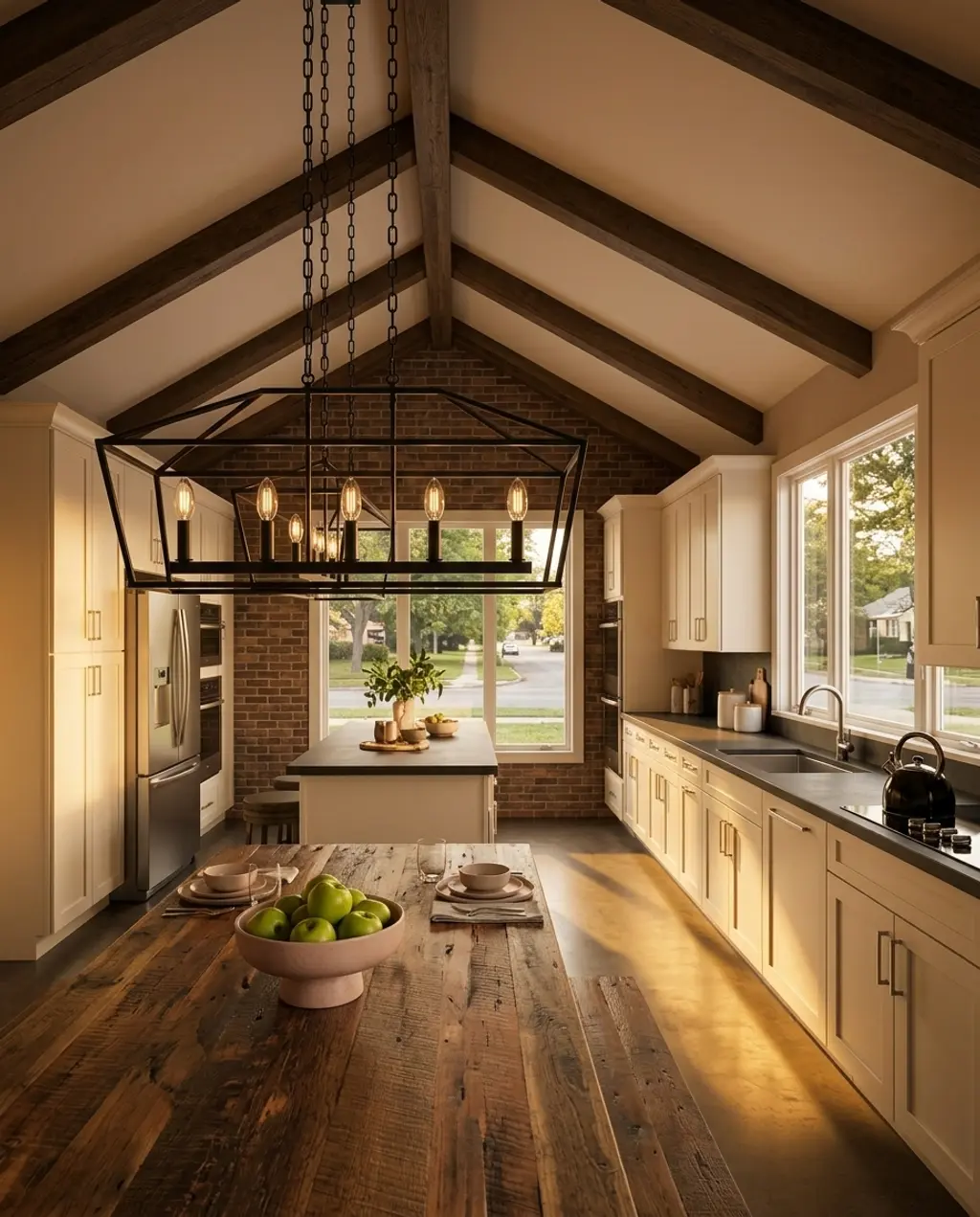 Open Concept Kitchen with Warm White Cabinets and Industrial Touches