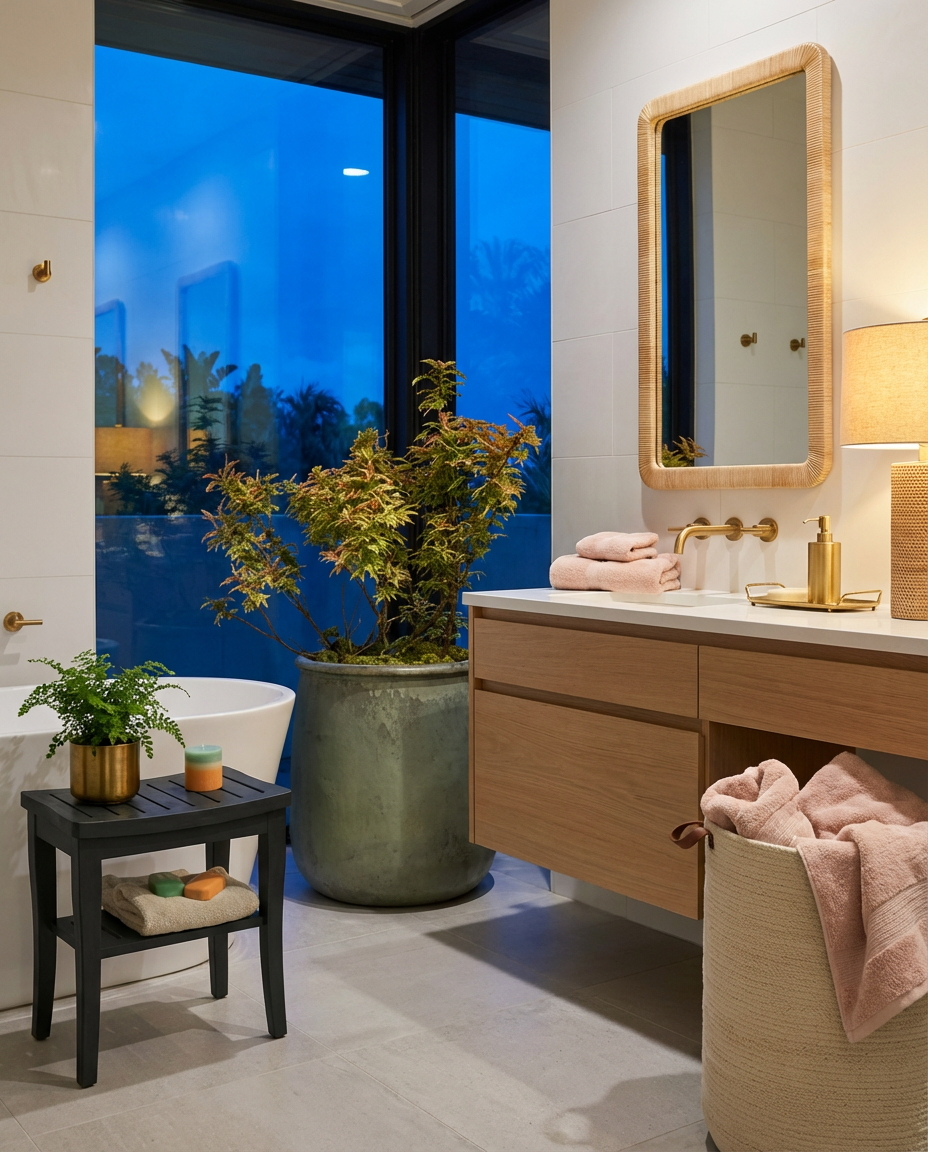 Tropical Bathroom with Woven Hamper and Lush Plants