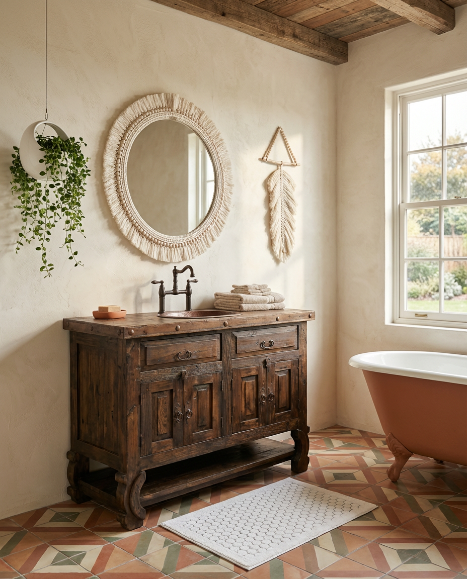Boho Chic Bathroom with Unique Tile Pattern