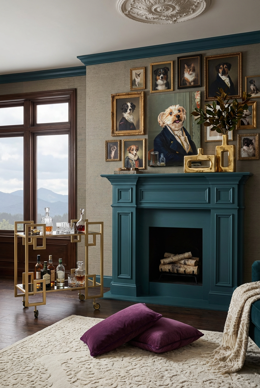 Maximalist Fireplace with Pet Portrait Gallery
