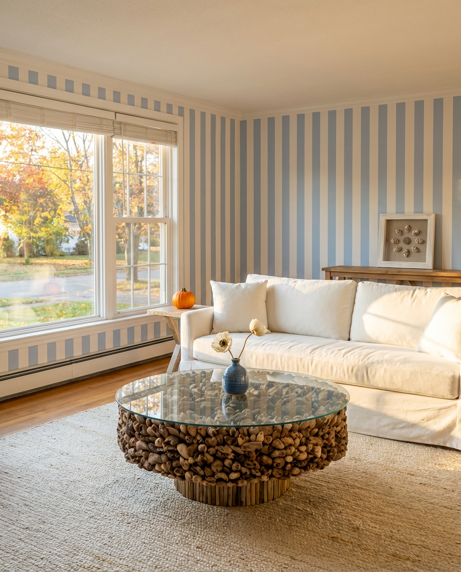 Coastal Blue and White Striped Wall