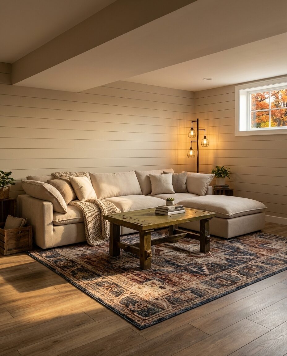 Modern Farmhouse Basement Living with LVP Flooring