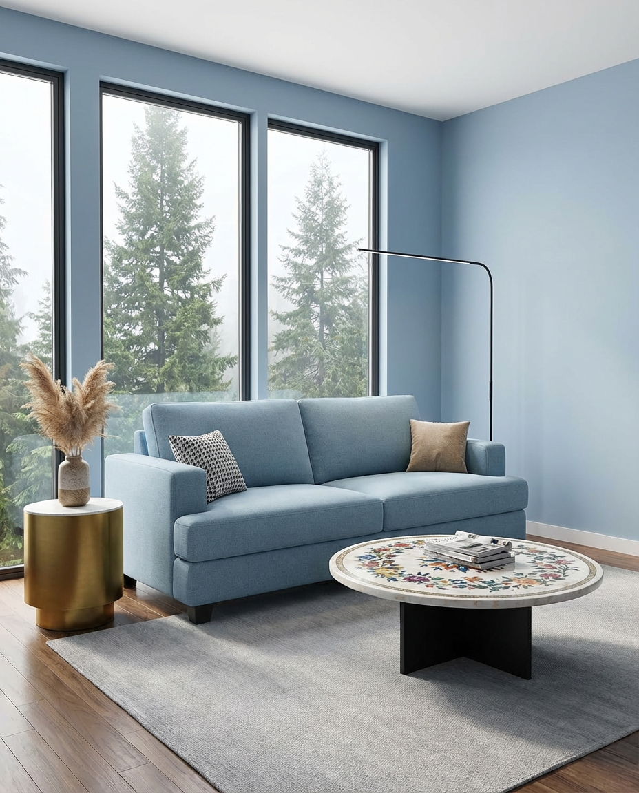 Light Blue Living Room with White Marble Accents