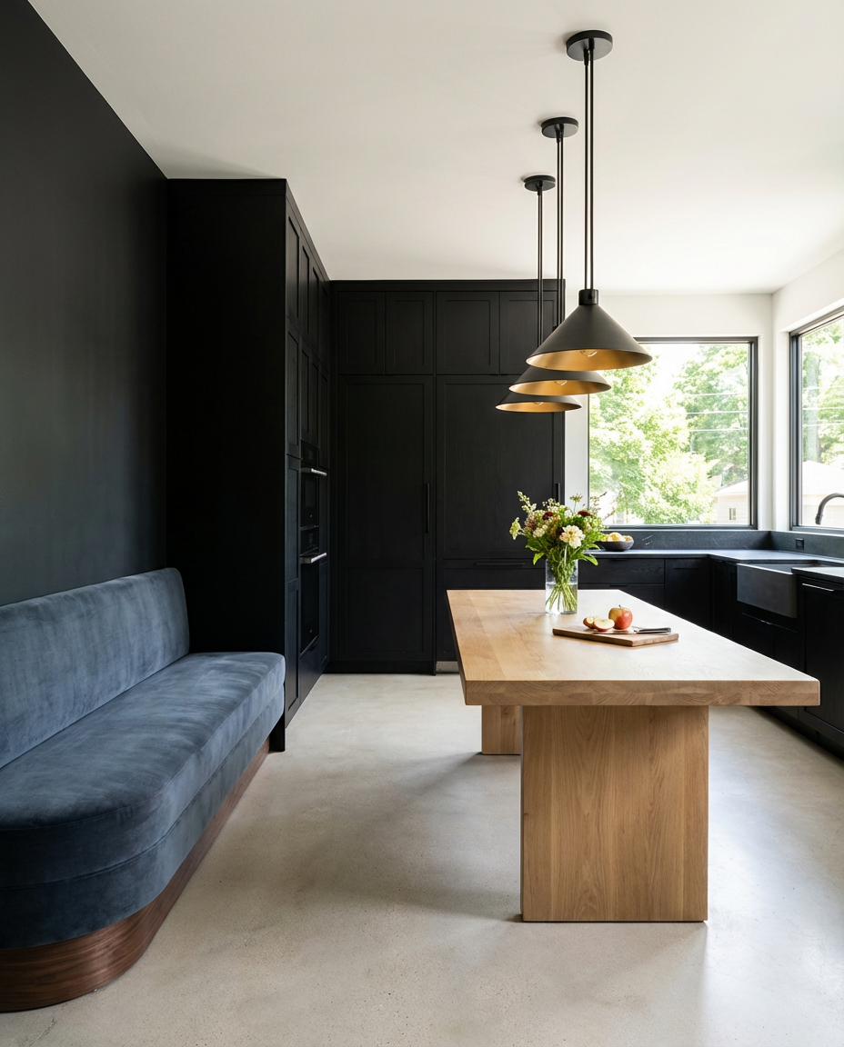 Black Kitchen with White Oak Island and Built-in Seating