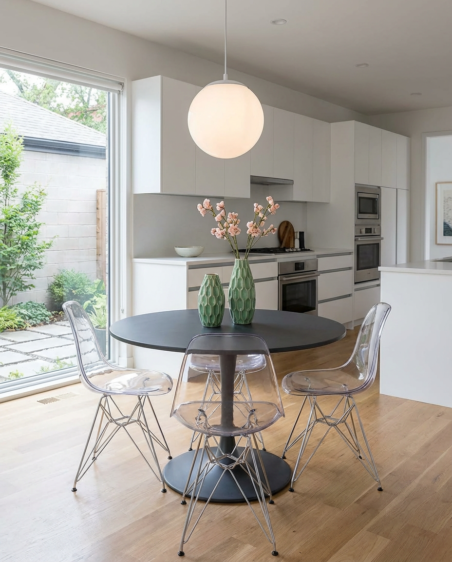 Contemporary Round Kitchen Table with Greenery Centerpiece and Sleek Chairs